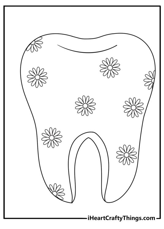 Detailed coloring sheet for adults with floral patterns inside a molar