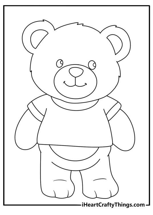 Detailed coloring sheet for kids presenting Teddy Bear in a t shirt with a witty smile