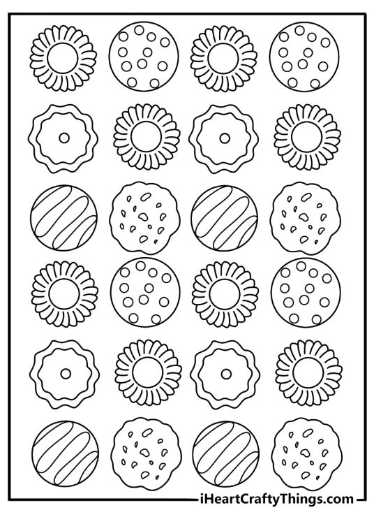 Detailed cookie coloring sheet for adults with cookie patterns in a circle