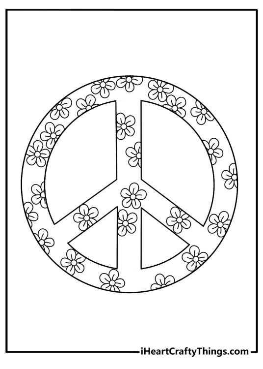 Detailed emoji coloring page for adults with a floral peace sign