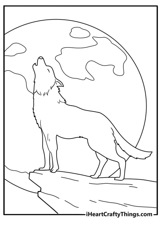 Detailed image featuring a wolf howling at the moon underneath tall mountain peaks