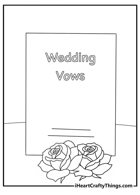 Detailed marriage coloring sheet with a floral border around wedding vows