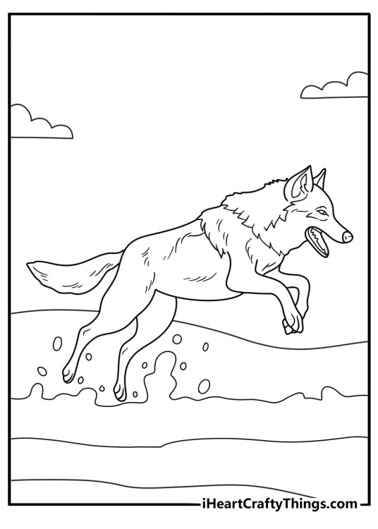 Detailed printable coloring image featuring wolf running fast while on the hunt