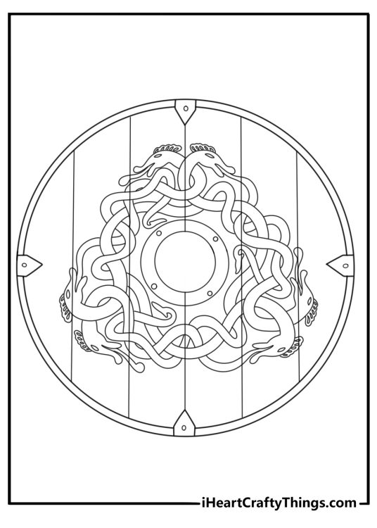 Detailed printable of round Viking shield with knot pattern and metal boss