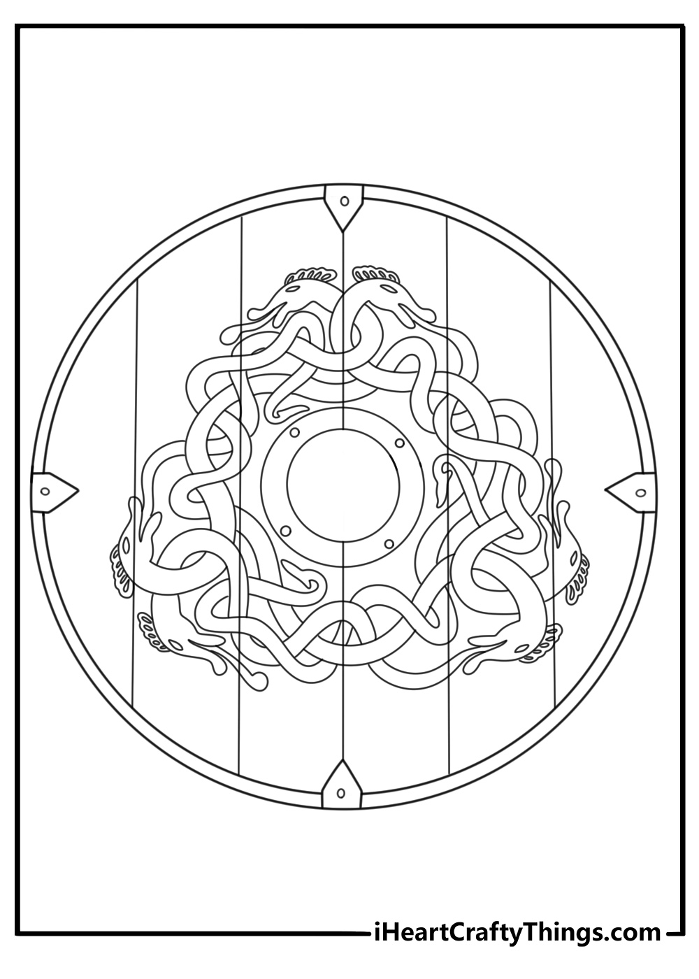 Detailed printable of round Viking shield with knot pattern and metal boss