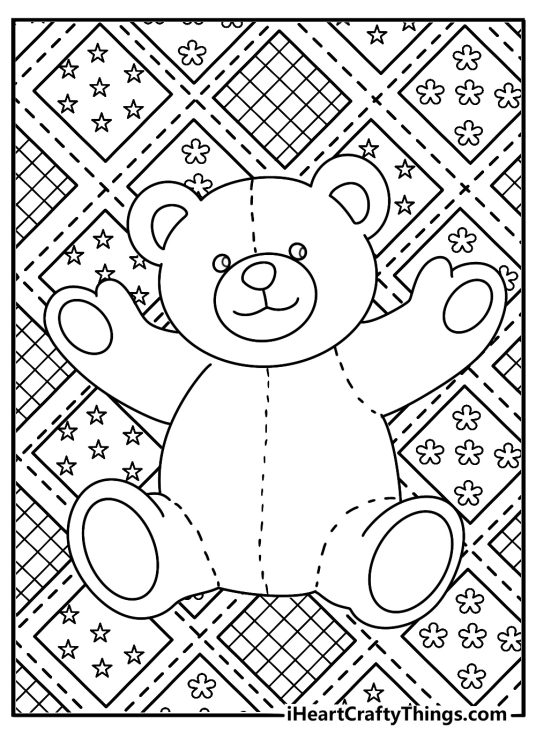Detailed teddy bear coloring page with quilt patterns behind the bear