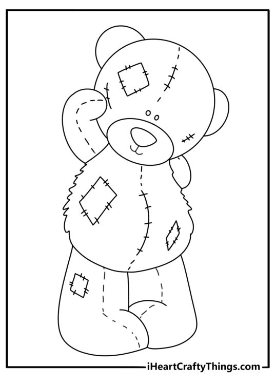 Detailed teddy bear coloring sheet for adults with stitched patterns and patches