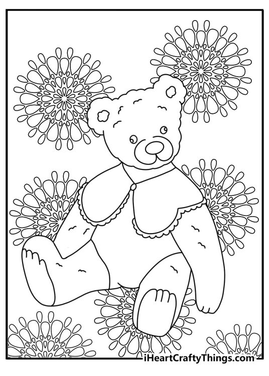 Detailed teddy bear coloring sheet with a vintage bear and lace background