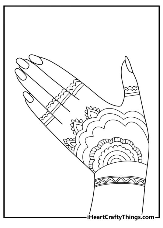 Detailed wedding coloring page for adults with henna style hand patterns