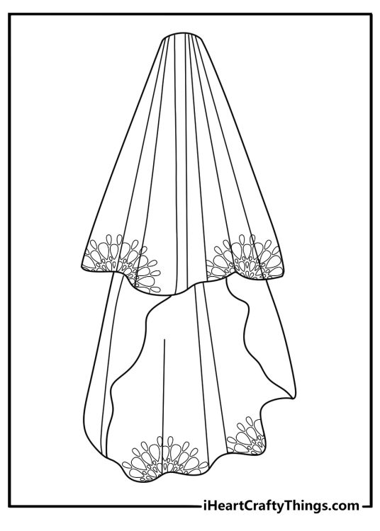 Detailed wedding coloring page with lace patterns on a bridal veil