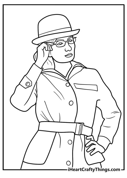 Diana Prince disguise with glasses and jacket printable coloring picture