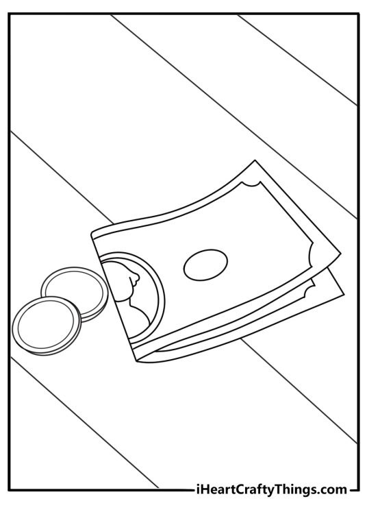 Dollar bill coloring page with one bill laid flat beside loose change