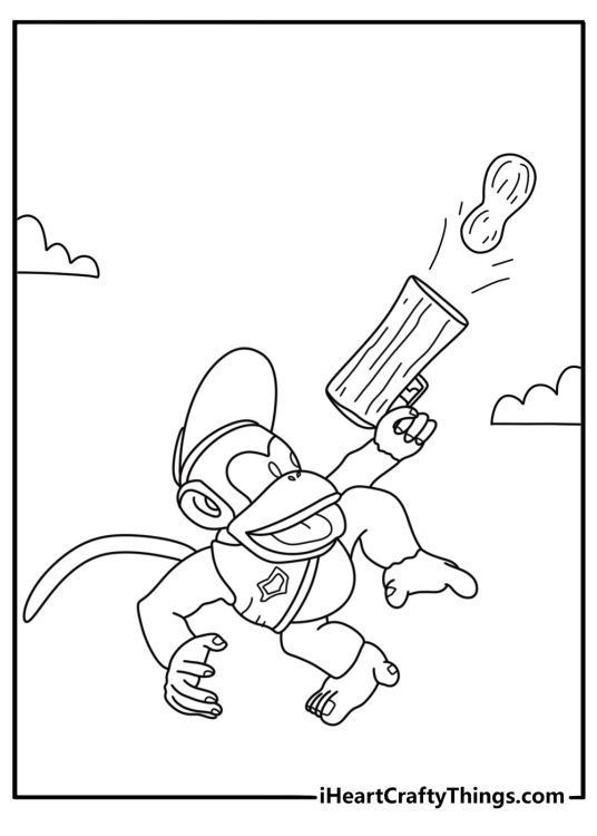 Donkey Kong Country coloring page with Diddy Kong tossing a peanut from his popgun