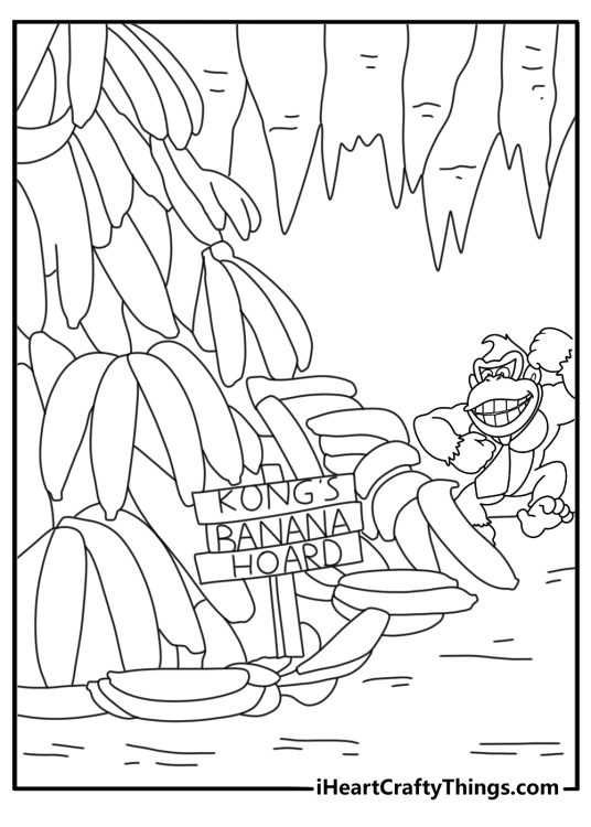 Donkey Kong Country coloring page with banana hoard pile inside cave room