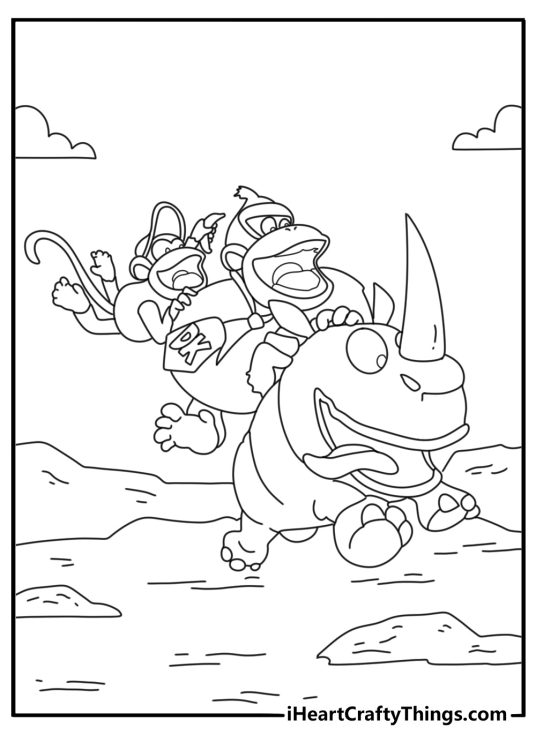 Donkey Kong and Diddy Kong coloring pages with both riding a rhino animal companion