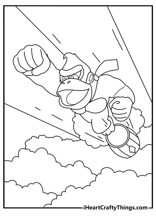 Donkey Kong bonanza coloring page with DK blasting from a barrel cannon across gap