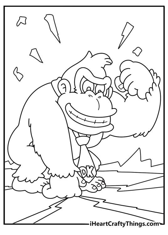 Donkey Kong coloring page with DK pounding the ground causing cracks simple line art