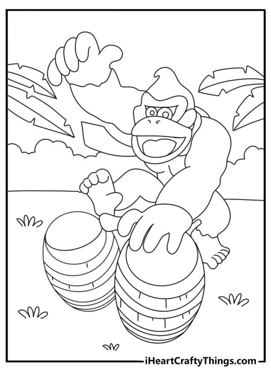 Donkey Kong coloring sheet showing DK drumming on bongos in jungle hut