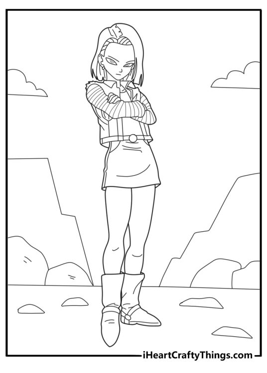 Dragon Ball coloring page of Android 18 standing strong