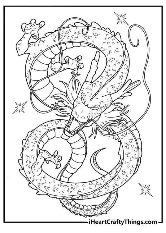 Dragon Ball coloring sheet of Shenron dragon wrapping around orbs
