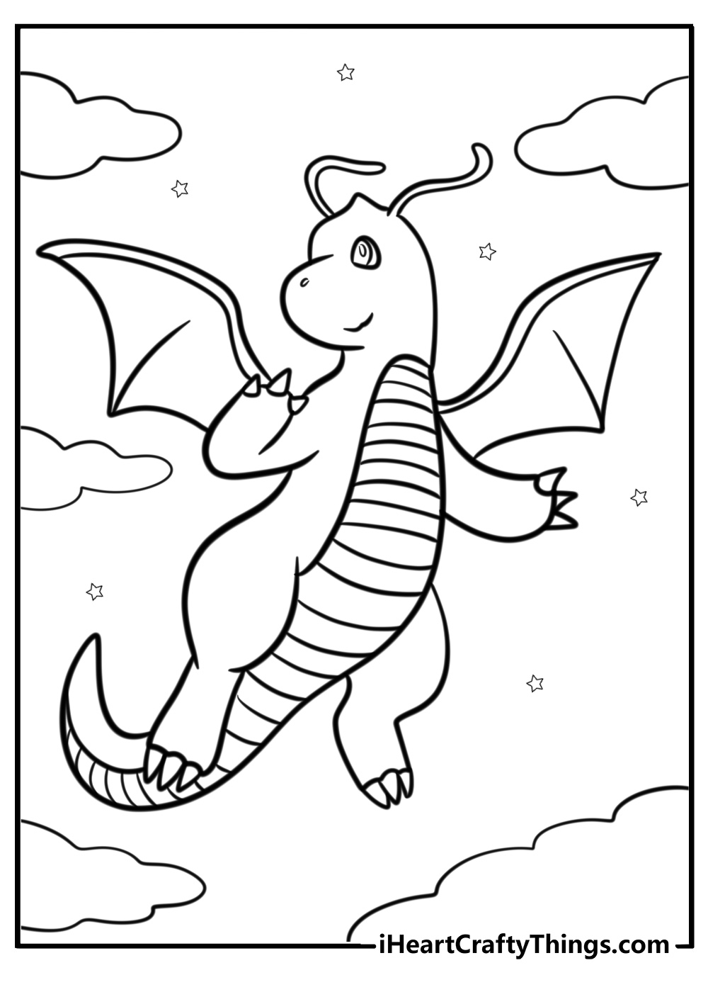 Dragonite flying in the sky coloring page for kids