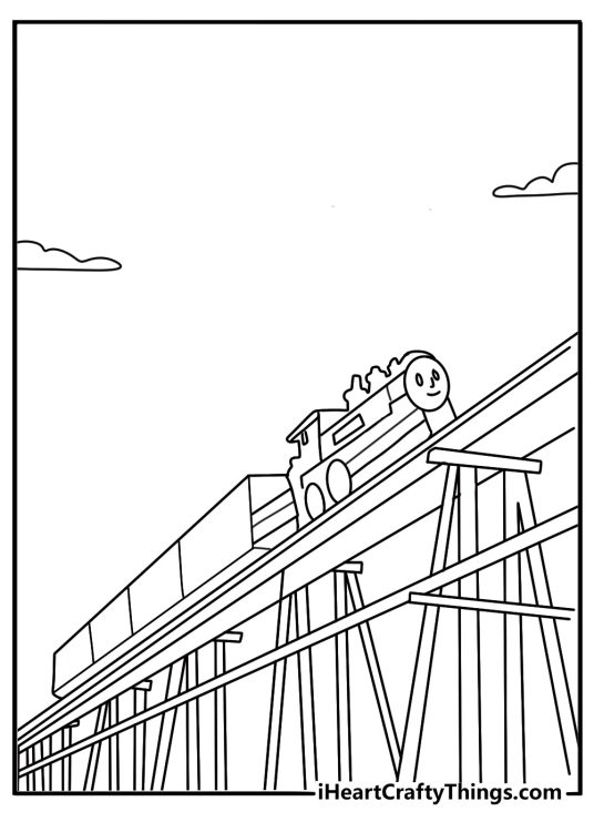 Duncan crossing a wooden trestle in the valley coloring sheet printable