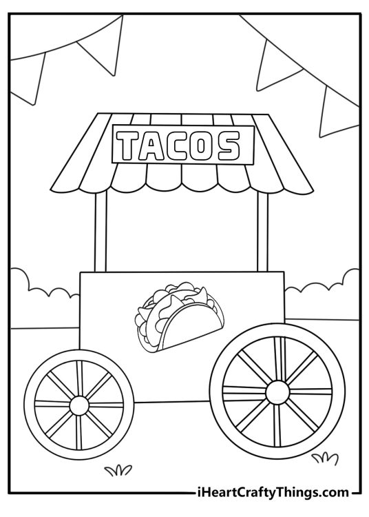 Easy Cinco De Mayo coloring page for kids with a taco cart under festival flags