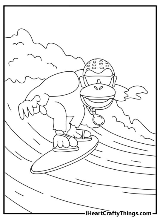 Easy Donkey Kong coloring page with Funky Kong surfing on a wave with board