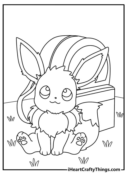 Easy Eevee coloring page with Eevee beside a trainer backpack