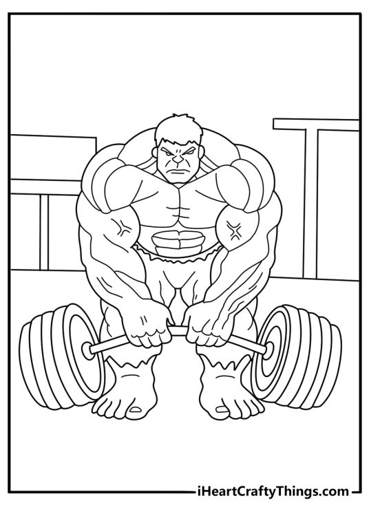 Easy Hulk coloring page with Hulk lifting a giant dumbbell