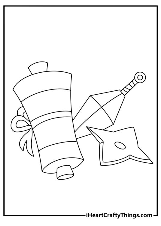 Easy Naruto coloring page with a ninja pouch shuriken and scroll