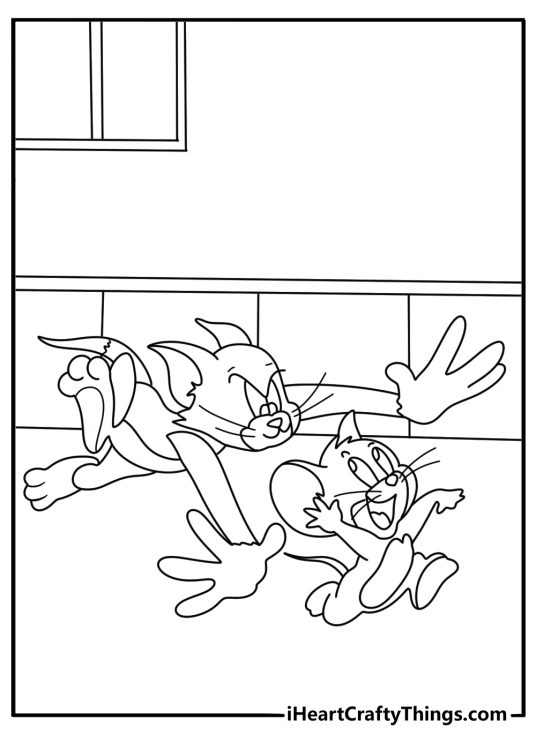 Easy Tom and Jerry coloring sheet with Tom reaching into a kitchen cabinet