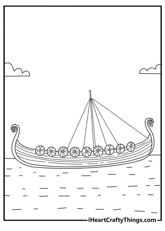 Easy Viking boat coloring page with oars lined along the sides