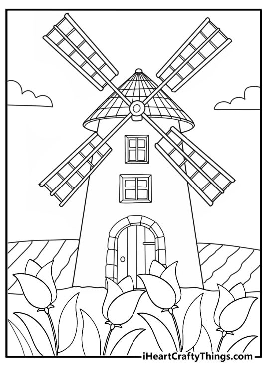 Easy coloring page of windmill near tulip field in Holland