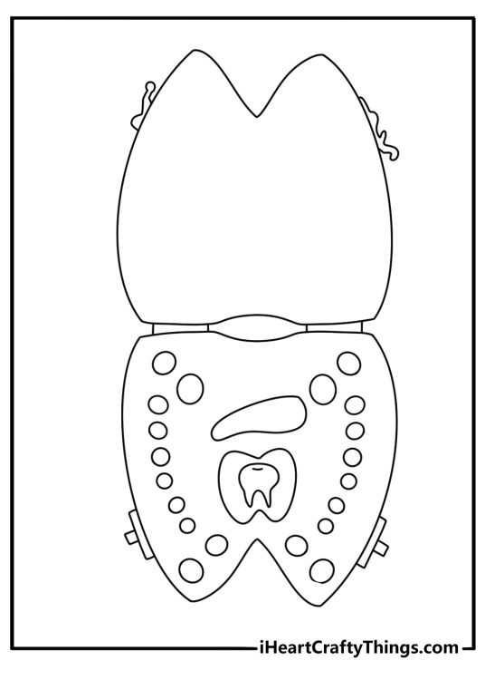 Easy dental coloring page showing a baby tooth inside a keepsake box
