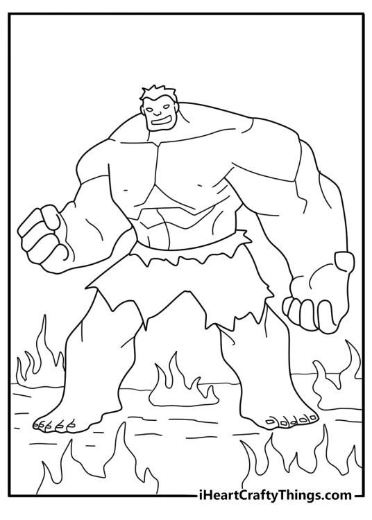Easy red hulk hulk coloring page with Red Hulk walking through flames