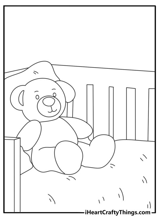 Easy teddy bear coloring page with a baby bear sitting in a crib