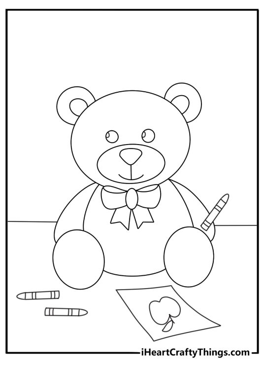 Easy teddy bear coloring sheet with a bear beside crayons and paper