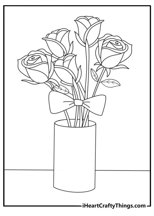 Easy wedding coloring page with a bridal bouquet in a vase