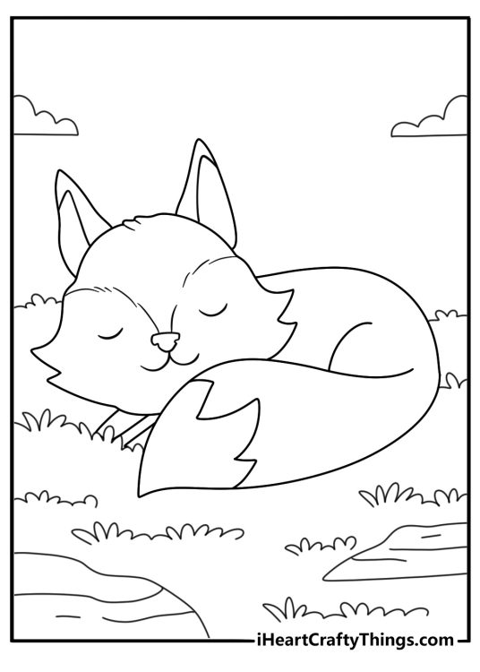 Easy wolf coloring page with cartoon style wolf curled up to sleep