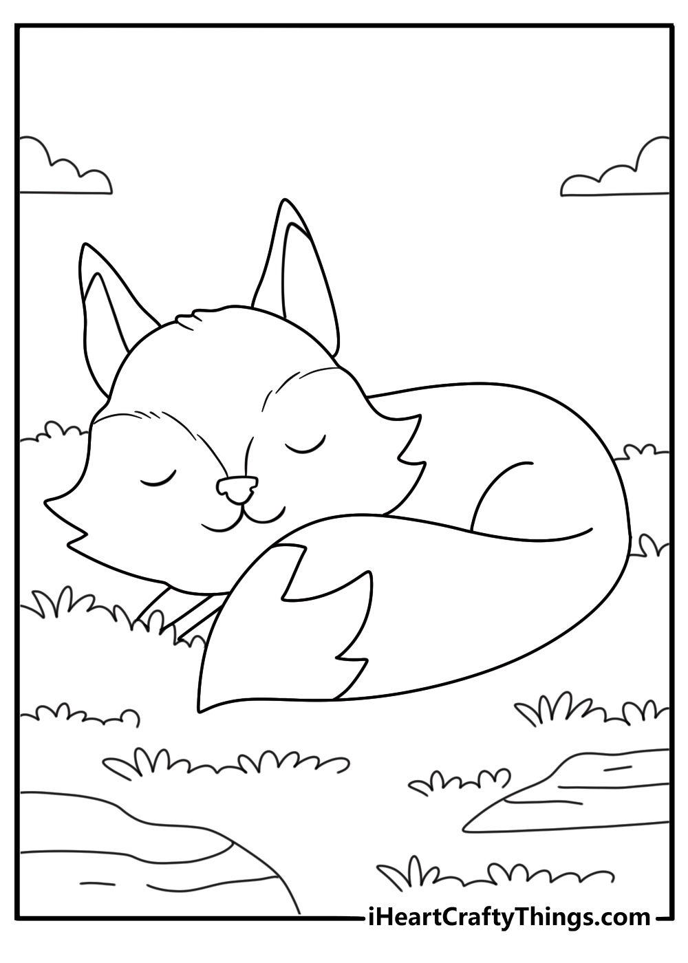 Easy wolf coloring page with cartoon style wolf curled up to sleep