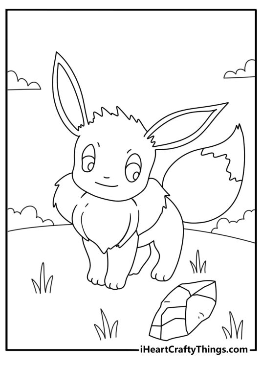 Eevee coloring page for kids with Eevee looking at evolution stones