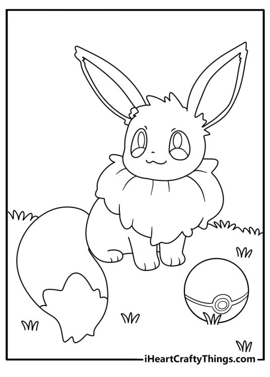 Eevee coloring page with Eevee beside a Pokeball on forest grass
