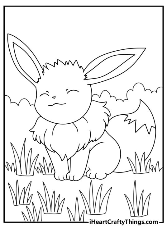 Eevee coloring pages scene with Eevee exploring tall meadow grass