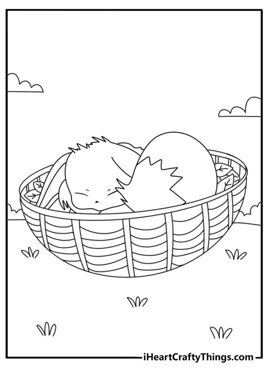 Eevee coloring sheet with Eevee curled up in a cozy basket