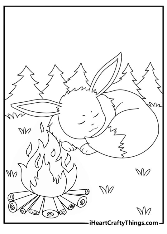 Eevee coloring sheet with Eevee resting beside a campfire