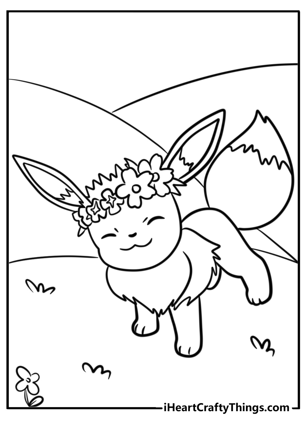 Eevee with flowers around printable Pokemon coloring page