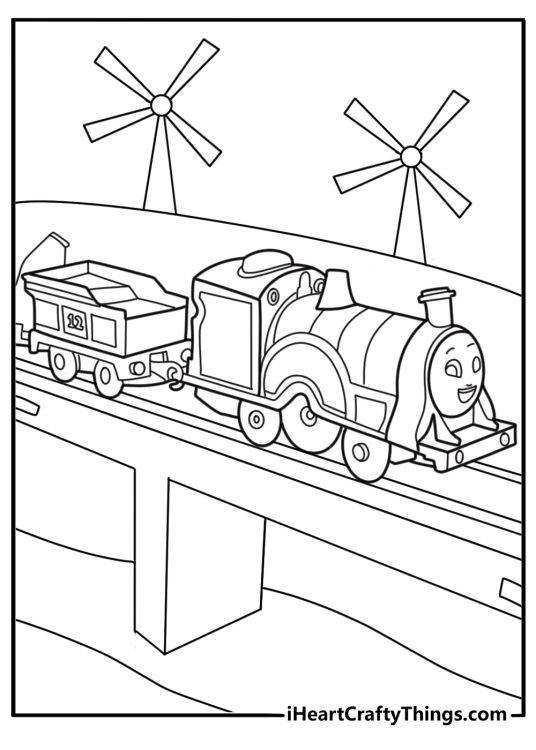 Emily crossing a stone bridge by the windmill cute coloring page printable