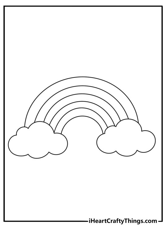 Emoji coloring pages scene showing a rainbow beside clouds
