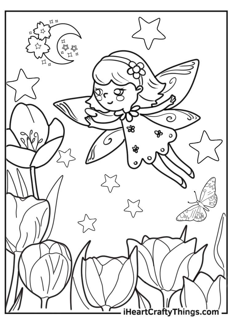 Printable pdf to color featuring little fairy hovering above flowers with stars and moon in the background